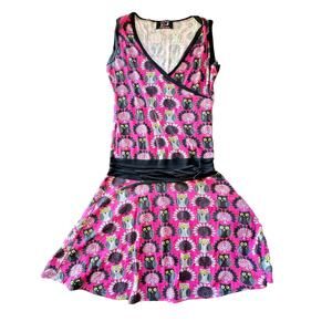 Contro Corrente Pink Black and White Drop Waist Sleeveless Owl Print Dress S